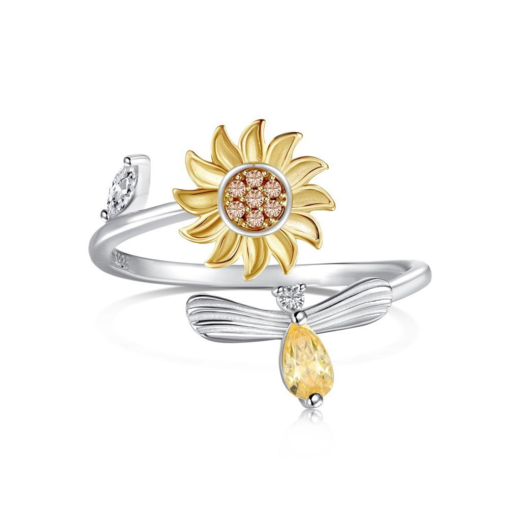 Sterling Silver Rotatable Flower Diamond Decompression Ring