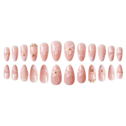 Elegant Almond Fake Nails with Simple White Ripple Design