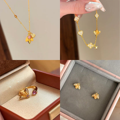 Women's Chic Rhinestone Heart & Bee Design Ring