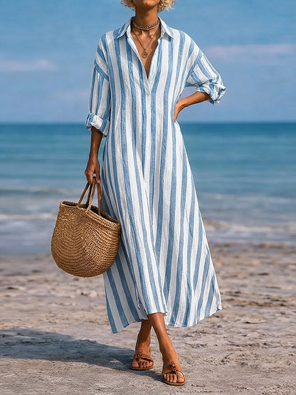 SpringSummer New Striped Lapel-Pocket Dress