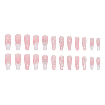 Luxury Long Ballerina Fake Nails: French & Rhinestone