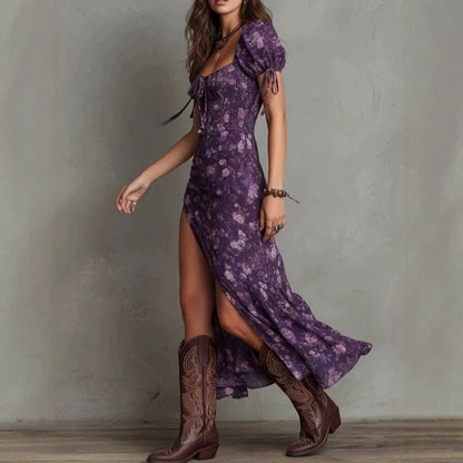 Women's Bohemian Retro High-Slit Printed Dress