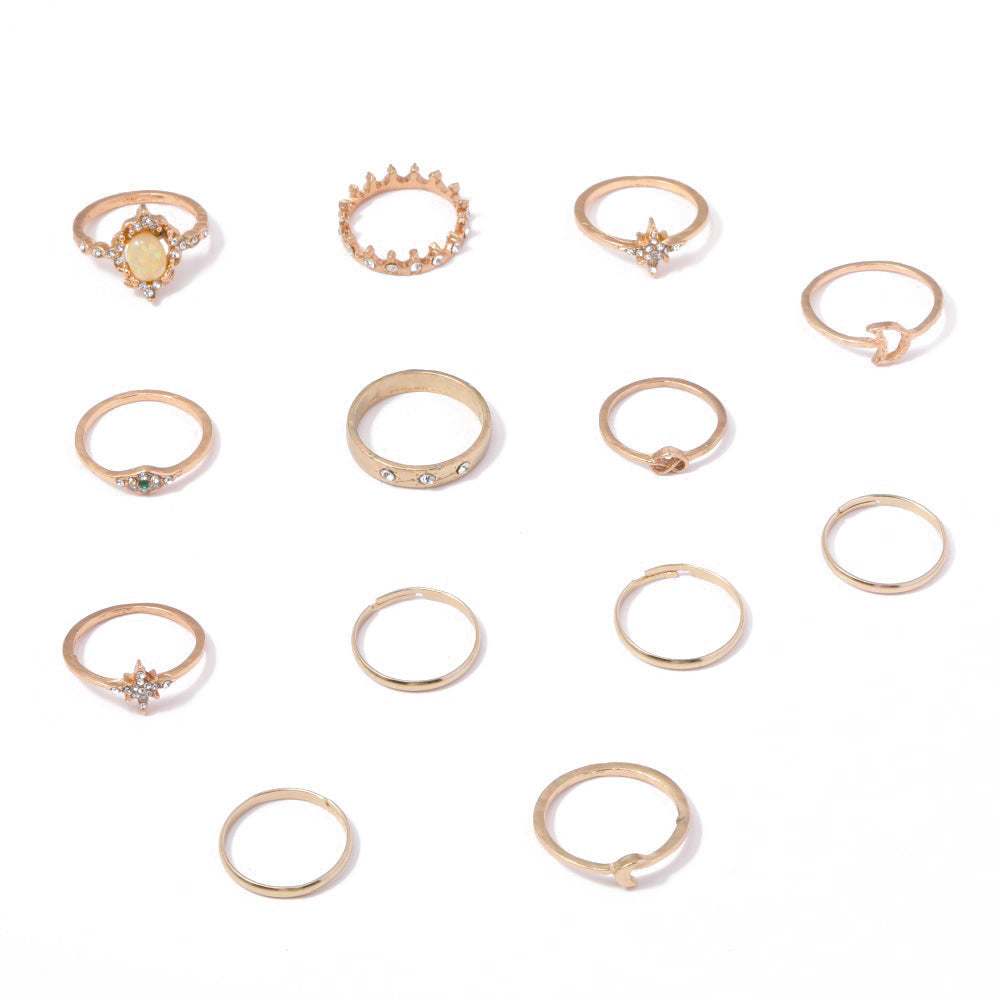 Vintage Opal Rhinestone Star Moon Stackable Ring Set