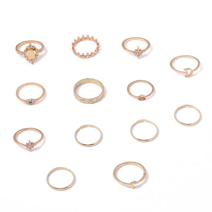 Vintage Opal Rhinestone Star Moon Stackable Ring Set