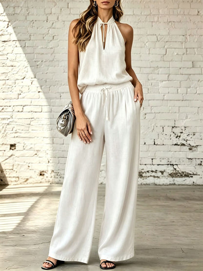 Womens Solid-Colored Casual Cotton-Linen Top And Wide-Leg Pants Set