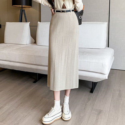 Knitted Sheath Straight Skirt with French Stripe Slit