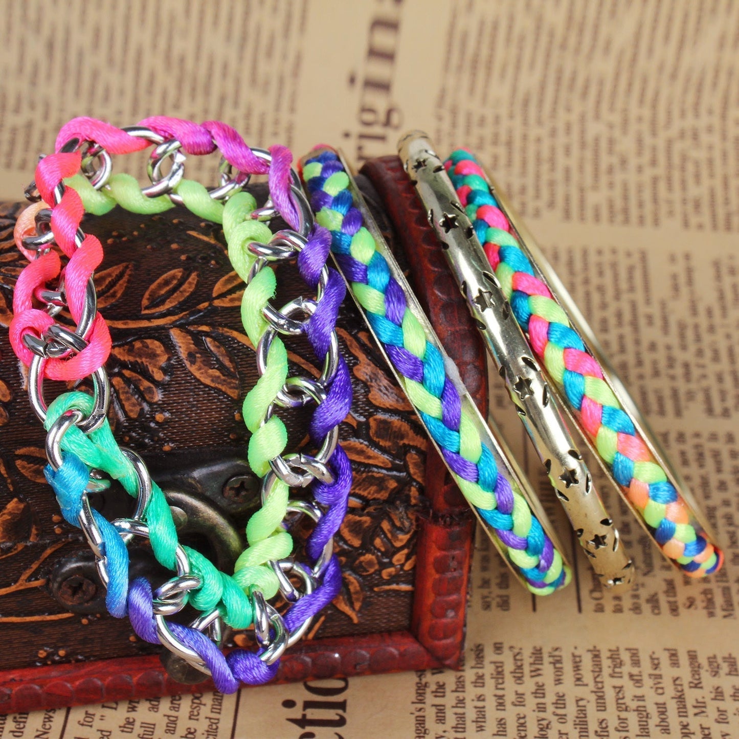 Women's 4-Pack Burnished Gold Tone & Woven Cord Bracelet Set