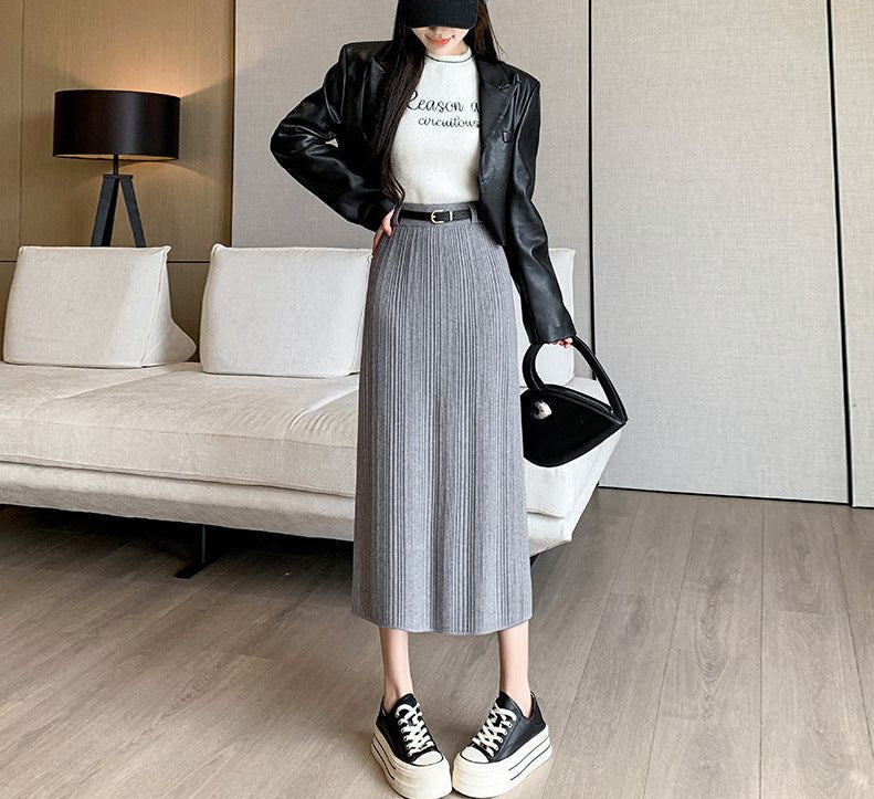 Knitted Sheath Straight Skirt with French Stripe Slit
