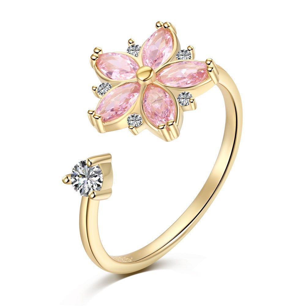 Sterling Silver Rotatable Flower Diamond Decompression Ring