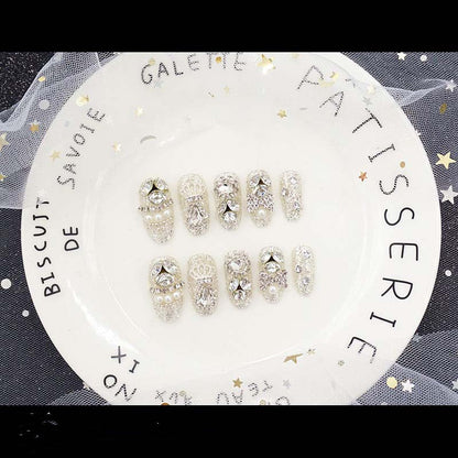 Luxury Fake Nails with Rhinestone Silver Drops