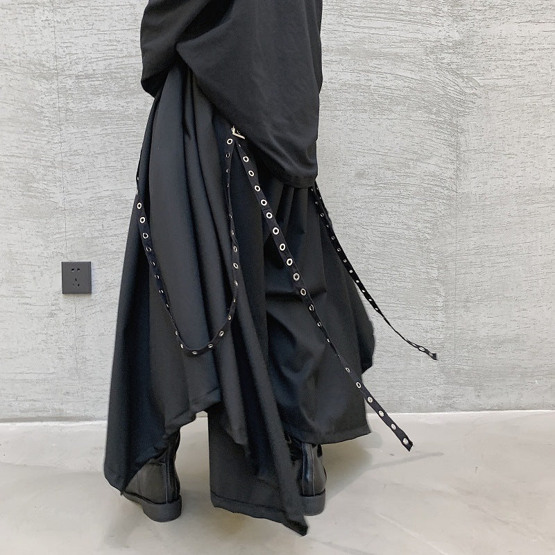 Goth Style Irregular Hem Ribbon Rivet Pantskirt