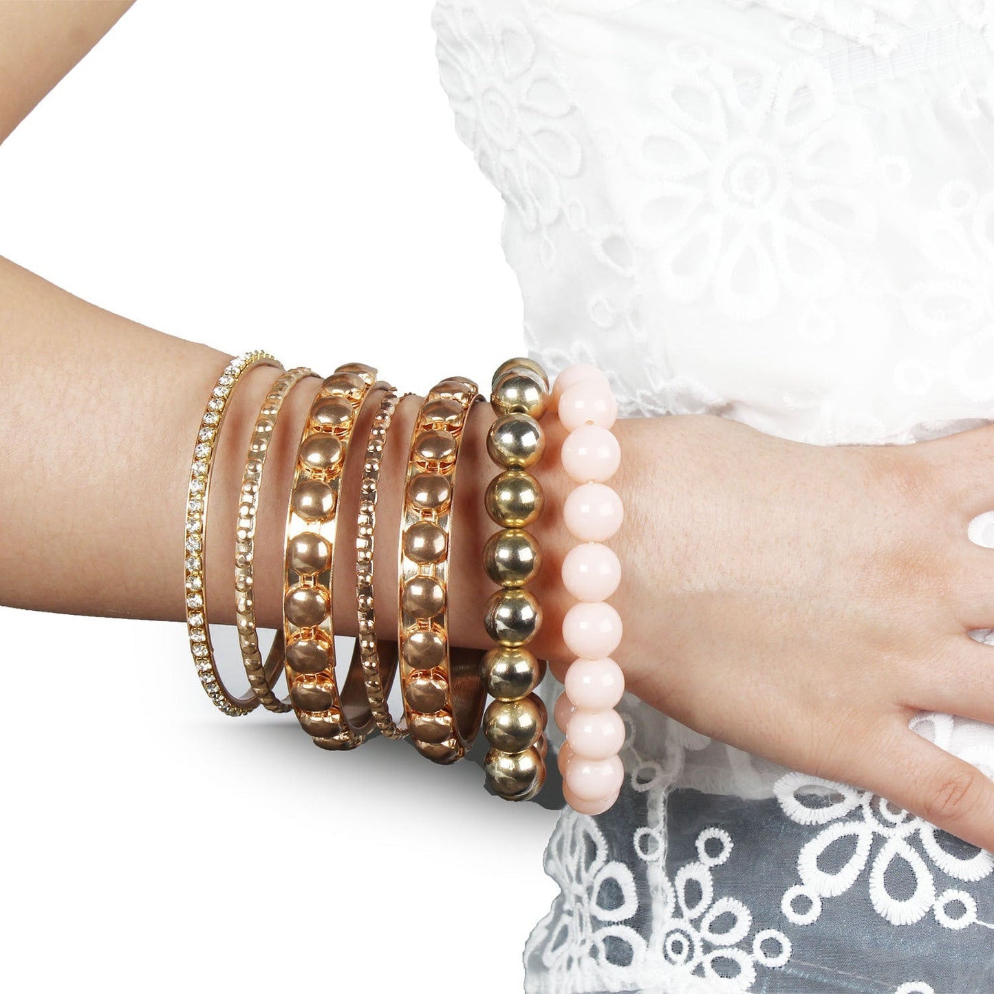 Women's Vintage Style Rhinestone & Burnished Gold Bangle Stack