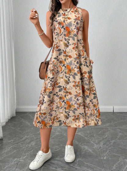 Womens Printed All-Match Sleeveless Pocketed Dress