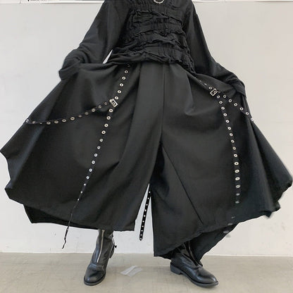 Goth Style Irregular Hem Ribbon Rivet Pantskirt