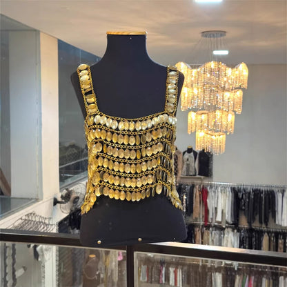 Sparkling Gold Gemstone Multi-Layer All-Match Bustier Vest