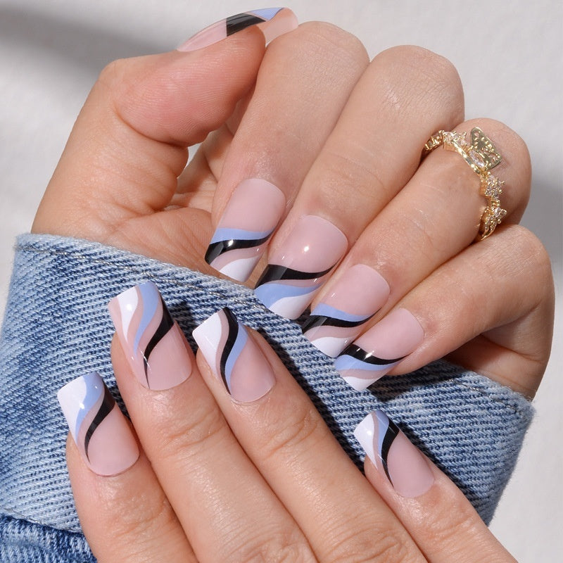 Removable Fake Nails: Color Matching French Line & Ripple Art