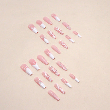 Luxury Long Ballerina Fake Nails: French & Rhinestone