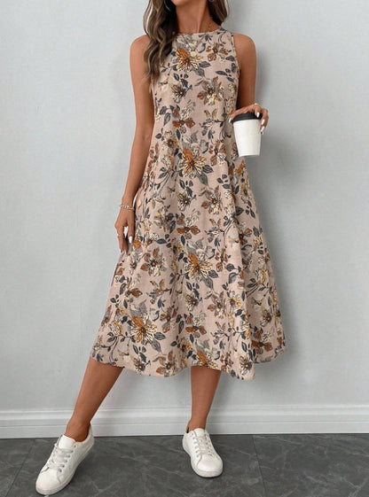Womens Printed All-Match Sleeveless Pocketed Dress