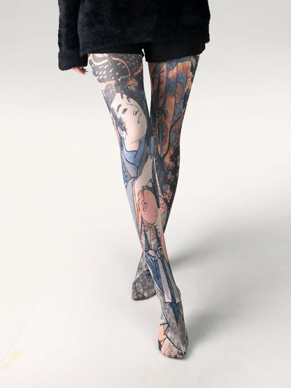 Women's Japanese Color Rose Printed Pantyhose
