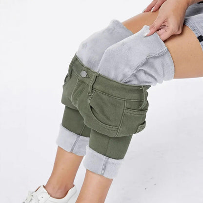 Slim Fit High Waist Dark Green Denim Trousers