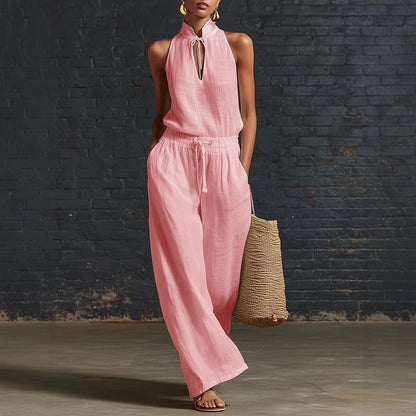 Urban-style Cotton And Linen Top And Wide-leg Pants Set