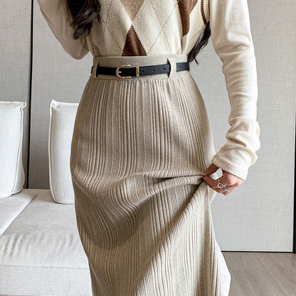 Knitted Sheath Straight Skirt with French Stripe Slit