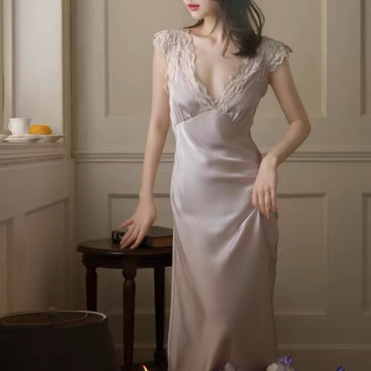 Slim-fit French-style Ice-silk Long Nightgown For Women