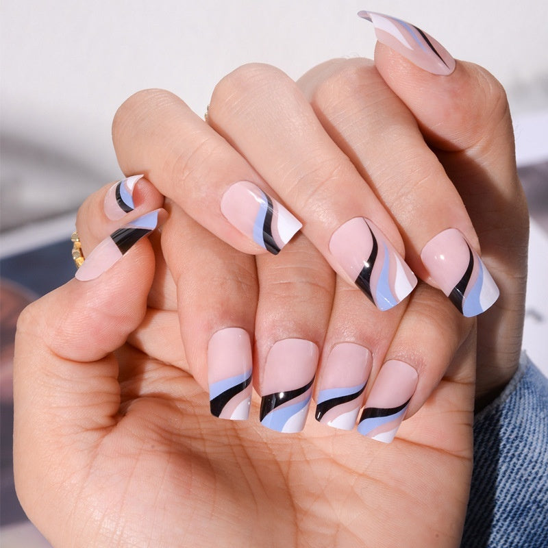 Removable Fake Nails: Color Matching French Line & Ripple Art