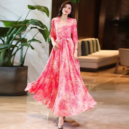 Women's Flared V-Neck Printed Dress