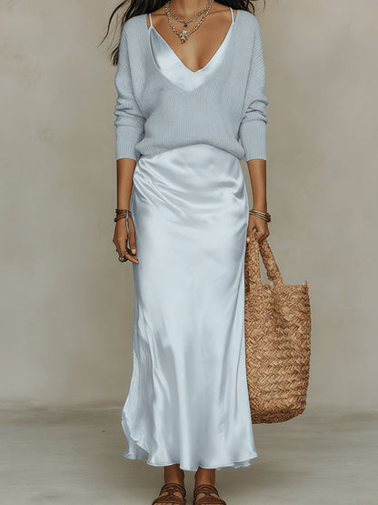 Womens Solid-Color V-Neck Knitted Sweater And Satin Dress Set